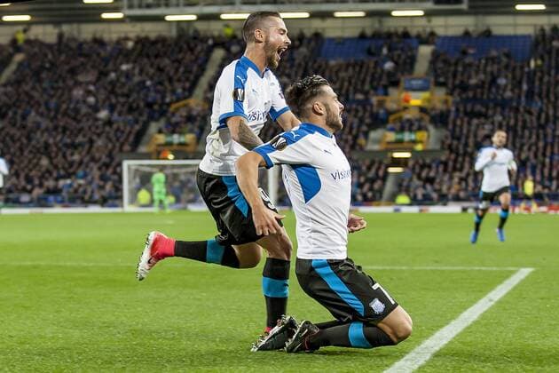 Adrian Sardinero Apollon Limmasol FC celebrates after scoring with Antonio Jakolis Apollon Limmasol FC during the UEFA Europa League Group Stage match between Everton and Apollen Limassol at Goodison Park, Liverpool, England on 28 September 2017. Copyright: xAlanxHaywardx 16920021