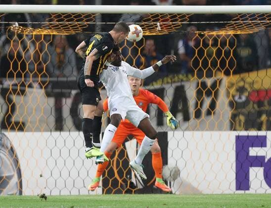SOCCER - EL, Athens vs A.Wien ATHENS,GREECE,28.SEP.17 - SOCCER - UEFA Europa League, group stage, AEK Athens vs FK Austria Wien. Image shows Ognjen Vranjes (AEK Athen), Abdul Kadiri Mohammed (A.Wien) and Patrick Pentz (A.Wien). GEPAxpictures xChristianxOrt