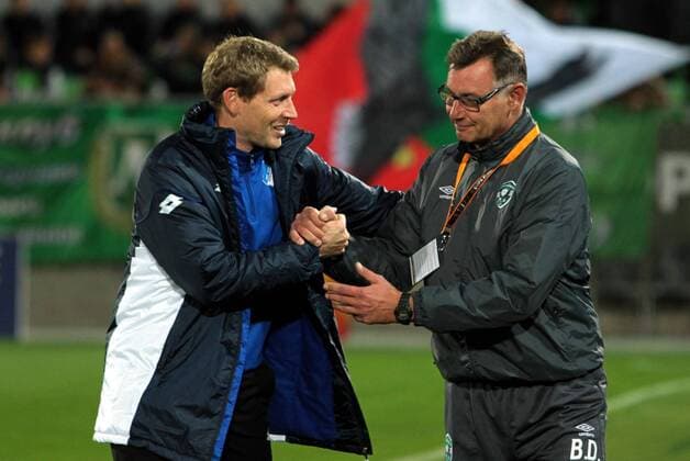 28.09.2017 Razgrad(Bulgaria) PFC Ludogorets-TSG 1899 Hoffenheim Europa League men s football Michael Rechner(L) TSG 1899 Hoffenheim goalkeeper coach with Bernd Dreher(r) PFC Ludogorets goalkeeper coach : 