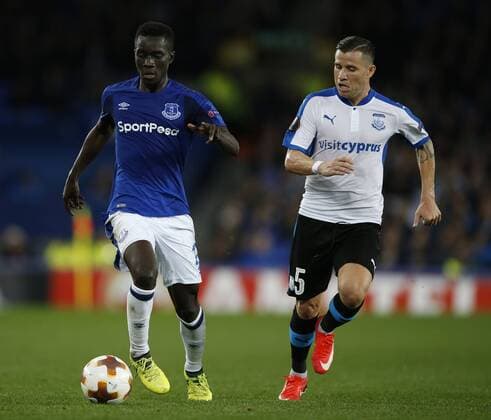 Idrissa Gueye of Everton and Esteban Sacetti of Apollon Limassol FC during the Europa League Group E match at Goodison Park Stadium, Liverpool. Picture date: September 28th 2017. Picture credit should read: Simon Bellis Sportimage EDITORIAL USE ONLY. No use with unauthorised audio, video, data, fixture lists, club league logos or live services. Online in-match use limited to 120 images, no video emulation. No use in betting, games or single club league player publications.