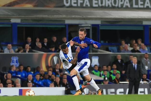 28th September 2017, Goodison Park, Liverpool, England; UEFA Europa League group stage, Everton versus Apollon Limassol; Allan of Apollon Limassol fouls Gylfi Sigurdsson of Everton FC  ActionPlus11935022