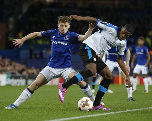 Jonjoe Kenny of Everton and Anton Maglica of Apollon Limassol FC during the Europa League Group E match at Goodison Park Stadium, Liverpool. Picture date: September 28th 2017. Picture credit should read: Simon Bellis Sportimage EDITORIAL USE ONLY. No use with unauthorised audio, video, data, fixture lists, club league logos or live services. Online in-match use limited to 120 images, no video emulation. No use in betting, games or single club league player publications.