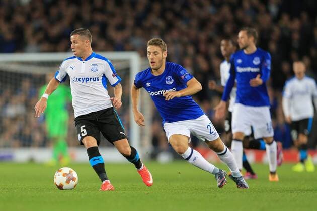 28th September 2017, Goodison Park, Liverpool, England; UEFA Europa League group stage, Everton versus Apollon Limassol; Esteban Sachetti of Apollon Limassol runs with the ball with Nikola Vlasic of Everton chasing  ActionPlus11935041
