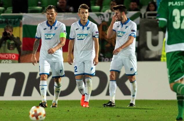 28.09.2017 Razgrad(Bulgaria) PFC Ludogorets-TSG 1899 Hoffenheim Europa League men s football Eugen Polanski(L),Dennis Geiger(c),Lukas Rupp(r) TSG 1899 Hoffenheim after second received goal : 
