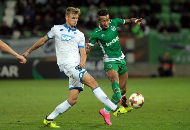 28.09.2017 Razgrad(Bulgaria) PFC Ludogorets-TSG 1899 Hoffenheim Europa League men s football Stefan Posch(L) TSG 1899 Hoffenheim stopped from aniccet Abel(r) PFC Ludogorets : 