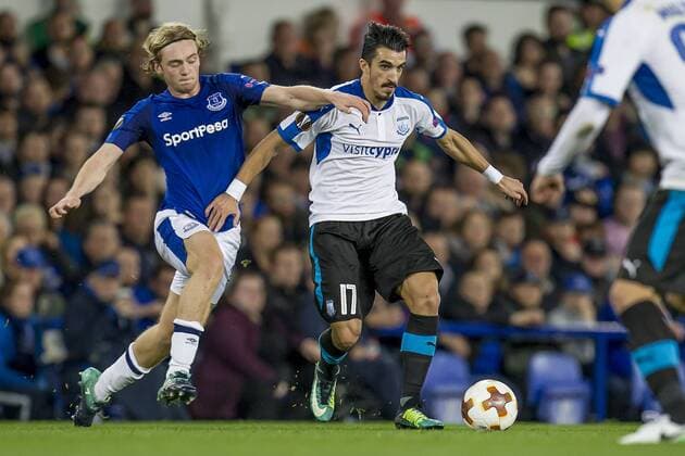 Tom Davies of Everton get a tackle in on Miguel Bedoya Apollon Limmasol FC during the UEFA Europa League Group Stage match between Everton and Apollen Limassol at Goodison Park, Liverpool, England on 28 September 2017. Copyright: xAlanxHaywardx 16920028