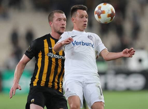 SOCCER - EL, Athens vs A.Wien ATHENS,GREECE,28.SEP.17 - SOCCER - UEFA Europa League, group stage, AEK Athens vs FK Austria Wien. Image shows Jakob Johansson (AEK Athen) and Dominik Prokop (A.Wien). GEPAxpictures xChristianxOrt