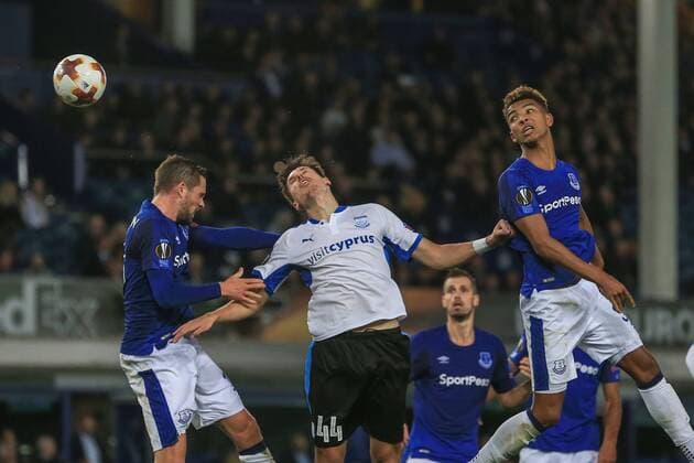 28th September 2017, Goodison Park, Liverpool, England; UEFA Europa League group stage, Everton versus Apollon Limassol; Hector Yuste of Apollon Limassol scores in the 88th minute to make it 2-2  ActionPlus11935066