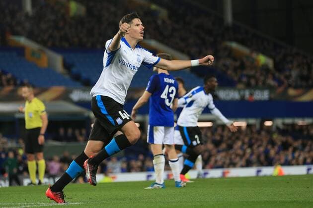 28th September 2017, Goodison Park, Liverpool, England; UEFA Europa League group stage, Everton versus Apollon Limassol; Hector Yuste of Apollon Limassol celebrates his 88th minute equaliser  ActionPlus11935068