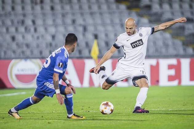 28th September 2017, Partizan Stadium, Belgrade, Serbia; UEFA Europa League group stage, Partizan versus Dynamo Kiev; Defender Nemanja Miletic of Partizan shoots the ball  ActionPlus11935078