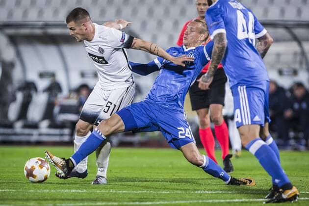 28th September 2017, Partizan Stadium, Belgrade, Serbia; UEFA Europa League group stage, Partizan versus Dynamo Kiev; Forward Ognjen Ozegovic of Partizan in action against Defender Domagoj Vida of Dynamo Kiev  ActionPlus11935082