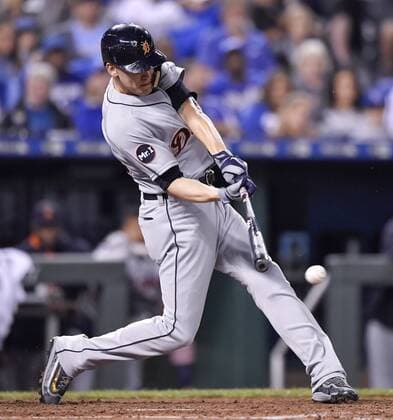 September 28, 2017 - Kansas City, MO, USA - The Detroit Tigers JaCoby Jones connects on an RBI single in the fifth inning against the Kansas City Royals at Kauffman Stadium in Kansas City, Mo., on Thursday, Sept. 28, 2017. Detroit at Kansas City - ZUMAm67_ 20170928_zaf_m67_038 Copyright: xJohnxSleezerx