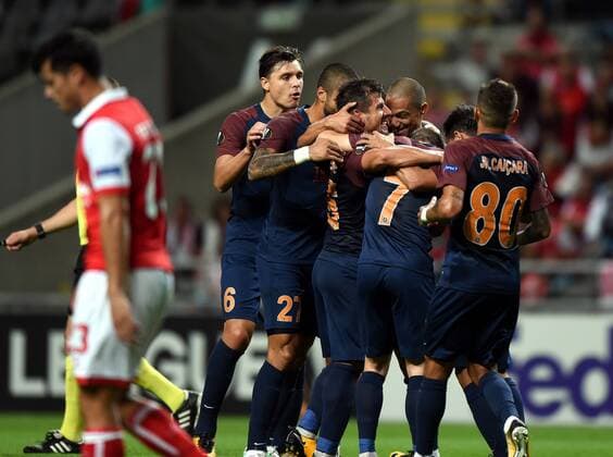 (170929) -- BRAGA, Sept. 29, 2017 -- Istanbul s players celebrate during the UEFA Europa League soccer match between SC Braga and Istanbul Basaksehir in Braga, Portugal, on Sept. 28, 2017. Braga won 2-1. ) (SP)PORTUGAL-BRAGA-UEFA-EUROPA LEAGUE ZhangxLiyun 