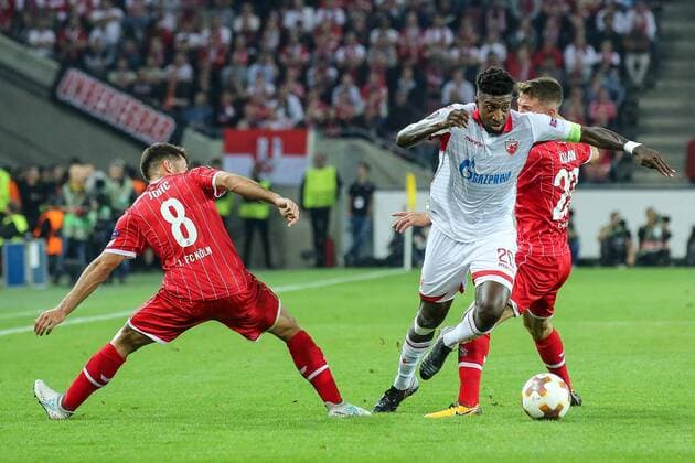 vl. Milos Jojic (FC Koeln 8), Micel Donald (Belgrad 20), Salih Oezcan (FC Koeln 20), 1. FC Koeln - Roter Stern Belgrad Koeln Copyright: xEIBNER BenjaminxHornx EP_BHN