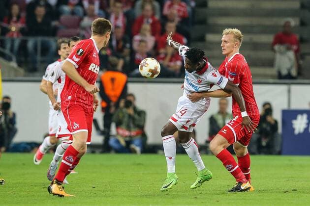 vl. Richmond Yiadom Boakye (Belgrad 14), Frederik Soerensen (FC Koeln 4), 1. FC Koeln - Roter Stern Belgrad Koeln Copyright: xEIBNER BenjaminxHornx EP_BHN