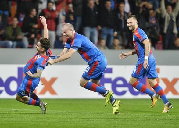 L-R MILAN PETRZELA, MICHAEL KRMENCIK and RADIM REZNIK (all Plzen) celebrate a goal during the 2nd round group G European League soccer match Viktoria Plzen vs Hapoel Beer Sheva in Pilsen, Czech Republic, on September 28, 2017. (CTKxPhoto MiroslavxChaloupka) CTKPhotoP201709280978401  cha16
