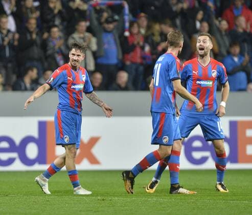 L-R MILAN PETRZELA, RADIM REZNIK and TOMAS HAJEK (all Plzen) celebrate during the 2nd round group G European League soccer match Viktoria Plzen vs Hapoel Beer Sheva in Pilsen, Czech Republic, on September 28, 2017. (CTKxPhoto MiroslavxChaloupka) CTKPhotoP201709280899201  cha04