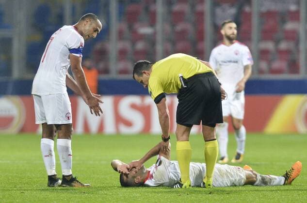 L-R MAHARAN RADI and LOAI TAHA (down) (both Beer Sheva) are seen during the 2nd round group G European League soccer match Viktoria Plzen vs Hapoel Beer Sheva in Pilsen, Czech Republic, on September 28, 2017. (CTKxPhoto MiroslavxChaloupka) CTKPhotoP201709280959901  cha09