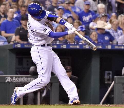September 29, 2017 - Kansas City, MO, USA - The Kansas City Royals Whit Merrifield connects on a solo home run in the third inning against the Arizona Diamondbacks at Kauffman Stadium in Kansas City, Mo., on Friday, Sept. 29, 2017. Arizona at Kansas City - ZUMAm67_ 20170929_zaf_m67_028 Copyright: xJohnxSleezerx