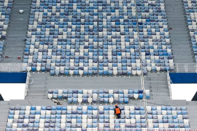 NIZHNY NOVGOROD, RUSSIA - SEPTEMBER 30, 2017: The construction site of Nizhny Novgorod Stadium, one of the venues of the upcoming 2018 FIFA World Cup WM Weltmeisterschaft Fussball Alexander Ryumin TASS  TS0627D2