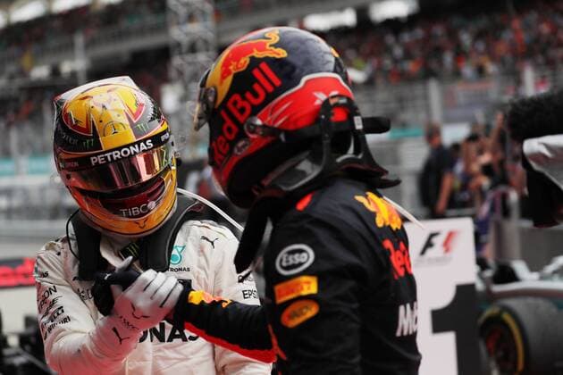 01.10.2017 - Race, 2nd place Lewis Hamilton (GBR) Mercedes AMG F1 W08 and Max Verstappen (NED) Red Bull Racing RB13 race winner Malaysian Grand Prix, Sepang 28 September - 1 October 2017 01.10.2017 - Race, 2nd place Lewis Hamilton (GBR) Mercedes AMG F1 W08 and Max Verstappen (NED) Red Bull Racing RB13 race winner 