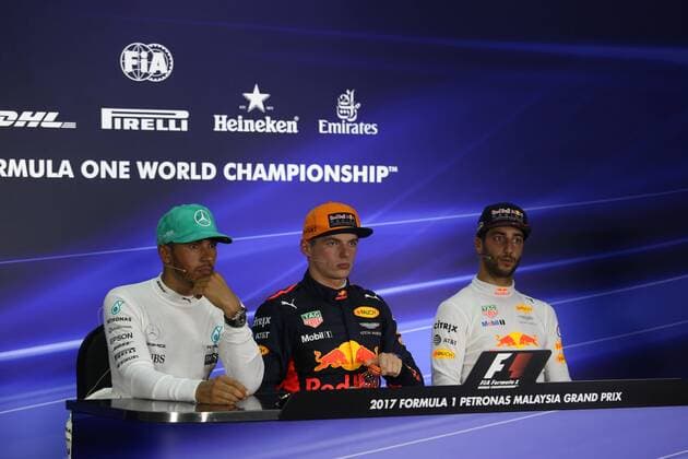 01.10.2017 - Race, press conference PK Pressekonferenz Lewis Hamilton (GBR) Mercedes AMG F1 W08, Max Verstappen (NED) Red Bull Racing RB13 and Daniel Ricciardo (AUS) Red Bull Racing RB13 Malaysian Grand Prix, Sepang 28 September - 1 October 2017 01.10.2017 - Race, Press conference, Lewis Hamilton (GBR) Mercedes AMG F1 W08, Max Verstappen (NED) Red Bull Racing RB13 and Daniel Ricciardo (AUS) Red Bull Racing RB13 
