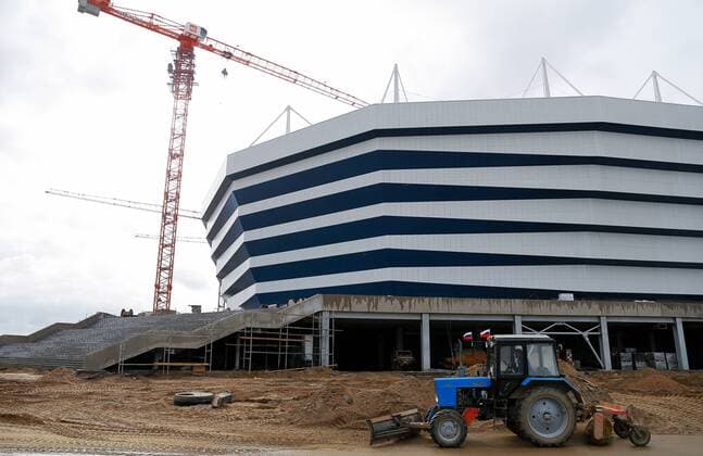 KALININGRAD, RUSSIA - OCTOBER 4, 2017: Cranes by Kaliningrad Stadium, a venue for 2018 FIFA World Cup WM Weltmeisterschaft Fussball matches, under construction. Vitaly Nevar TASS  TS063150