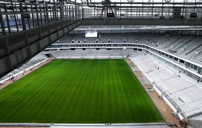 KALININGRAD, RUSSIA - OCTOBER 4, 2017: Pitch at Kaliningrad Stadium, a venue for 2018 FIFA World Cup WM Weltmeisterschaft Fussball matches. Vitaly Nevar TASS  TS063188