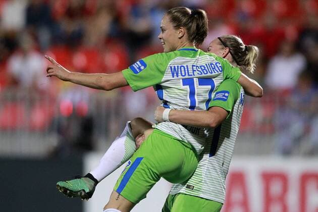 VfL Wolfsburg s Alexandra Popp (r) and Ewa Pajor celebrate goal during UEFA Womens Champions League 2017 2018, 1 16 Final, 1st match. October 4,2017.  (20171004171)
