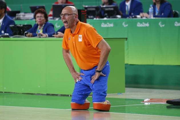 RIO DE JANEIRO 16 09 2016 Paralympic Summer Games 2016 Olympic Park Olympic Arena Wheelchair Basketball Final Round The Bronze United Kingdom Great Britain 76 34 The Netherlands wins Bronze coach Gertjan van der Linden PS 2016 Bronze wheelchair basketball players The Netherlands