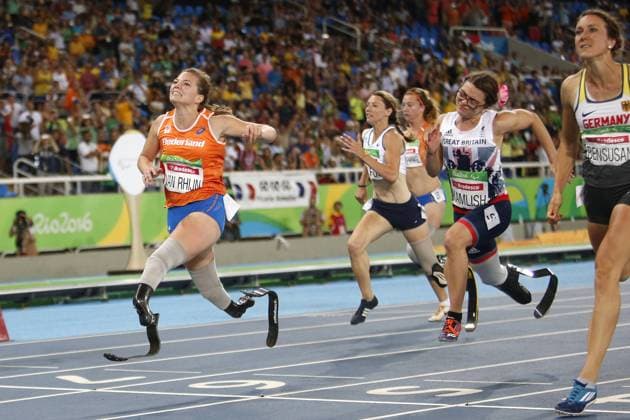 RIO DE JANEIRO 17 09 2016 athletics Paralympic Summer Games 2016 Olympic Stadium Women 100 meters T44 Final Marlou van Rhijn wins gold she is German Irmgard Bensusan r 0 02 sec too fast PS 2016 Athletics 17 09 2016