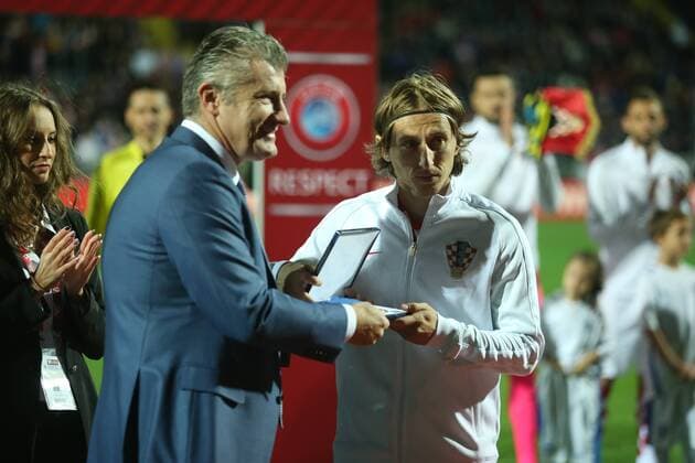 2018 FIFA World Cup WM Weltmeisterschaft Fussball Qualifying Croatia Finland 06.10.2017., Croatia, Rijeka - Qualification football match for the World Cup in Russia 2018 between Croatia and Finland. Luka Modric and Davor Suker  SanjinxStrukic PIXSELL
