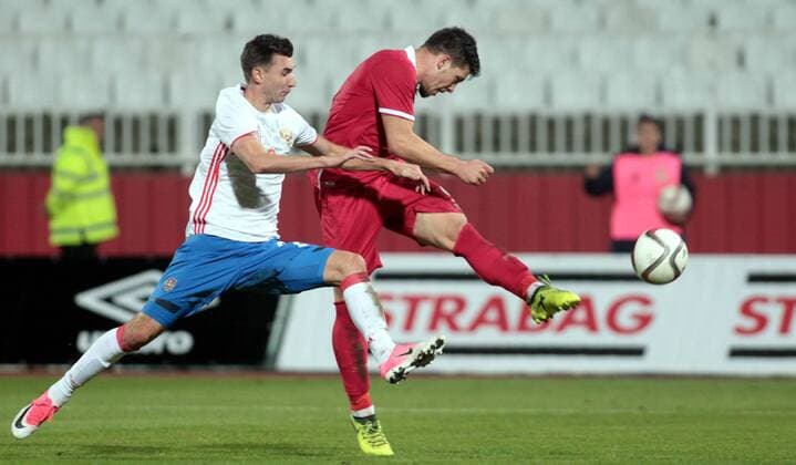 10.10.2017 Novi Sad Serbia-Russia UEFA Under 21 U21 U 21 European qualifiers men s football Luka Jovic(r) Serbia,Aleksandr Likhachev(L) Russia : 