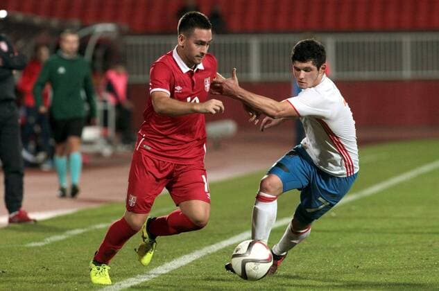 10.10.2017 Novi Sad Serbia-Russia UEFA Under 21 U21 U 21 European qualifiers men s football Andrija Zivkovic(L) Serbia,Ayaz Guliev (r) Russia : 