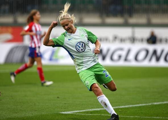 Wolfsburg vs Atletico Madrid CL Women Wolfsburg Germany 11 10 2017 Football VfL Wolfsburg vs Atletico Madrid 1 32 Final UEFA Women Champions League Season 2017 18 Picture shows Pernille Harder VfL Wolfsburg cheering After her goal to 5 0 Wolfsburg