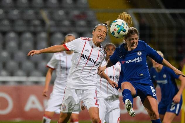 Gina Lewandowski FC Bavaria Munich in duel with Maren Mjelde FC Chelsea Munich Munich Germany Germany 11 10 2017 Football UEFA Women s Champions League FC Bavaria Munich FC Chelsea xklx