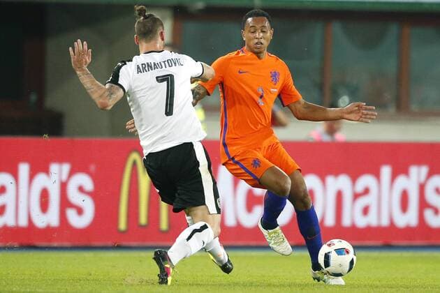 Vienna 04 06 2016 Ernst Happelstadion Exercise country Austria The Netherlands 0 2 Kenny Tete in duel with Marko Arnautovic Austria The Netherlands
