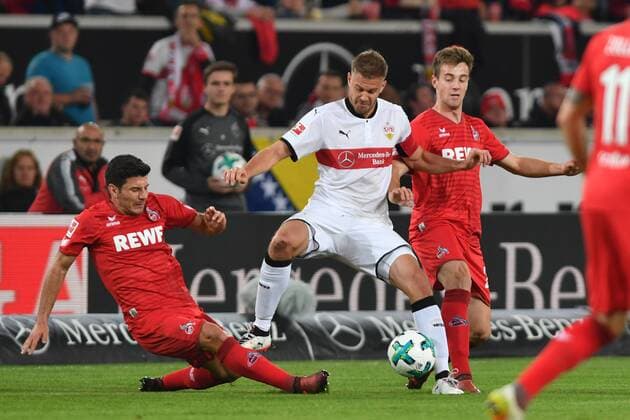 v left Milos Jojic 1 FC Cologne Simon Terodde VfB Stuttgart Lukas Kluenter 1 FC Cologne Action shot duel Football 1 Bundesliga 8 Matchday Spieltag08 VfB Stuttgart 1 FC Cologne 2 1 at 13 10 2017 in Stuttgart Germany Mercedes Benz Arena