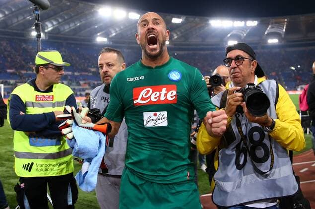 October 14, 2017 - Rome, Italy - Pepe Reina of Napoli celebrating during the Italian Serie A football match AS Roma vs Napoli at the Olympic Stadium in Rome, on October 14, 2017. AS Roma v SSC Napoli - Serie A  - ZUMAn230 20171014_zaa_n230_478 Copyright: xMatteoxCiambellix