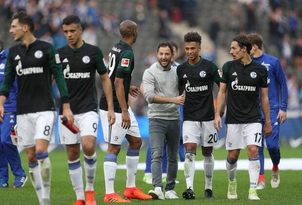 14 10 2017 Football ger 1 Bundesliga Season 2017 2018 8 Matchday Hertha BSC Berlin FC Schalke 04 0 2 v right Benjamin Stambouli Schalke 04 Thilo Kehrer Schalke 04 team manager Domenico Tedesco FC Schalke 04 Ronaldo Aparecido Rodrigues FC Schalke 04 Franco Tue Santo FC Schalke 04 Leon Goretzka Schalke 04 xrtx