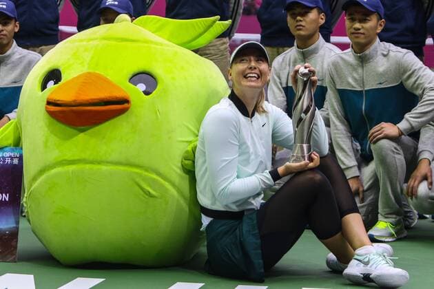 Maria Sharapova of Russia poses with her trophy at the award ceremony after defeating Aryna Sabalenka of Belarus in the women s singles final match during the 2017 WTA Tennis Damen Tianjin Open tennis tournament in Tianjin, China, 15 October 2017. Maria Sharapova defeated Irina-Camelia Begu 2-0 (6-4, 6-2). Maria Sharapova beats Aryna Sabalenka to crown 2017 WTA Tianjin Tennis Open  20171015_62663