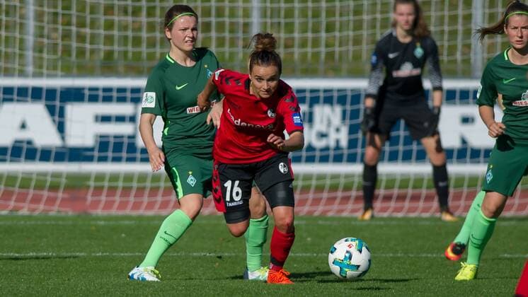 v left Janine Angrick SV Werder Bremen 8 in duel Duel with Lina Magull SC Freiburg 16 Football Alliance Women Bundesliga SC Freiburg SV Werder Bremen xobx