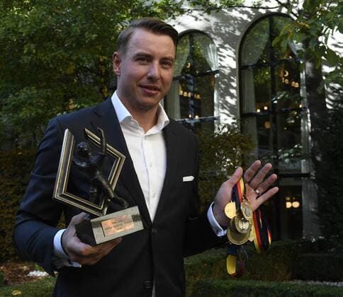 Former world s best handball player Filip Jicha ended his professional career because of long-term health problems due to which he stopped playing for Barcelona in August, he told during the press conference PK Pressekonferenz in Prague, Czech Republic, on October 16, 2017. On the photo Jicha poses with his medals and the trophy (left) for the best handball player of the world in 2010. (CTKxPhoto MichalxKrumphanzl) CTKPhotoP201710160423601  kru 4 K