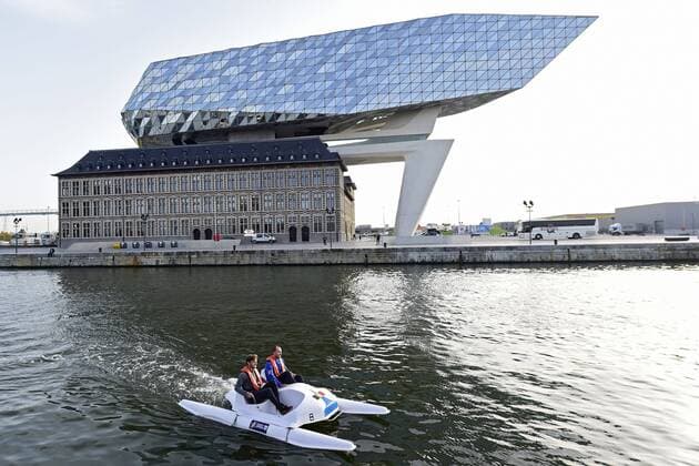 ANTWERP, BELGIUM - OCTOBER 16 : David Goffin and Steve Darcis pictured during officiall launch of the European Open with the final of the European Pedalo Cup between Belgium and France (opponents in the Davis Cup final from 24 to 26 November) on October 16, 2017 in Antwerp, Belgium, 16 10 2017 TENNIS : Avant Finale Coupe Davis Belgique vs France - Anvers - 16 10 2017 PhotoNews Panoramic 