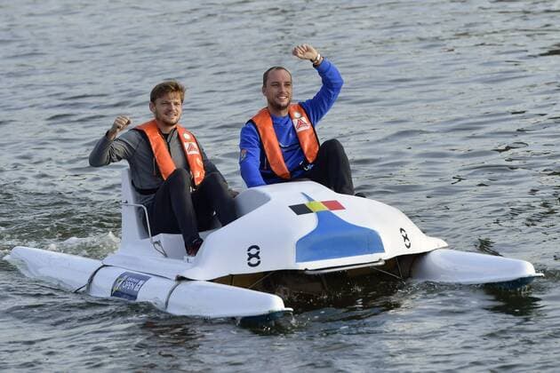 ANTWERP, BELGIUM - OCTOBER 16 : David Goffin and Steve Darcis pictured during officiall launch of the European Open with the final of the European Pedalo Cup between Belgium and France (opponents in the Davis Cup final from 24 to 26 November) on October 16, 2017 in Antwerp, Belgium, 16 10 2017 TENNIS : Avant Finale Coupe Davis Belgique vs France - Anvers - 16 10 2017 PhotoNews Panoramic 