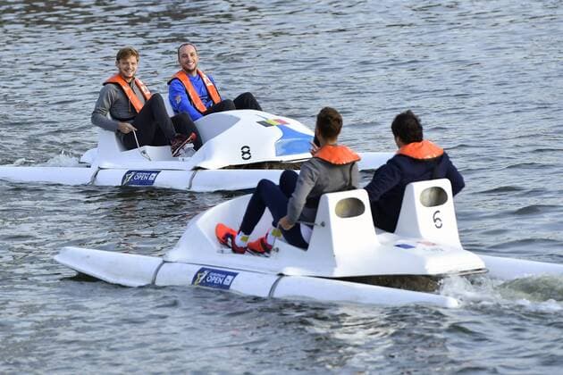 ANTWERP, BELGIUM - OCTOBER 16 : David Goffin, Steve Darcis, Sebastien Grosjean and Benoit Paire pictured during officiall launch of the European Open with the final of the European Pedalo Cup between Belgium and France (opponents in the Davis Cup final from 24 to 26 November) on October 16, 2017 in Antwerp, Belgium, 16 10 2017 TENNIS : Avant Finale Coupe Davis Belgique vs France - Anvers - 16 10 2017 PhotoNews Panoramic 
