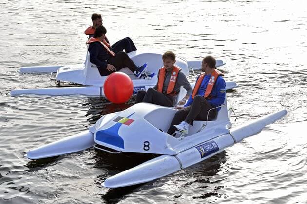 ANTWERP, BELGIUM - OCTOBER 16 : David Goffin, Steve Darcis, Sebastien Grosjean and Benoit Paire pictured during officiall launch of the European Open with the final of the European Pedalo Cup between Belgium and France (opponents in the Davis Cup final from 24 to 26 November) on October 16, 2017 in Antwerp, Belgium, 16 10 2017 TENNIS : Avant Finale Coupe Davis Belgique vs France - Anvers - 16 10 2017 PhotoNews Panoramic 