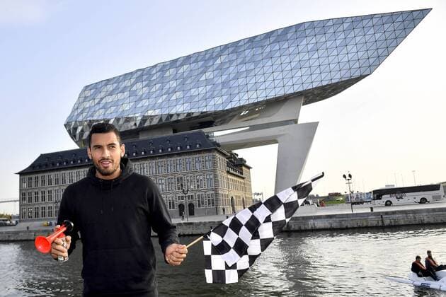 Australian Nick Kyrgios pictured during European pedalo cup, for the launch of the European Open Antwerp tennis tournement, a pedalo match between the two finalists of the Davis Cup, Belgium and France on the water, Monday 16 October 2017, in Antwerp. DIRKxWAEM  x05184138x