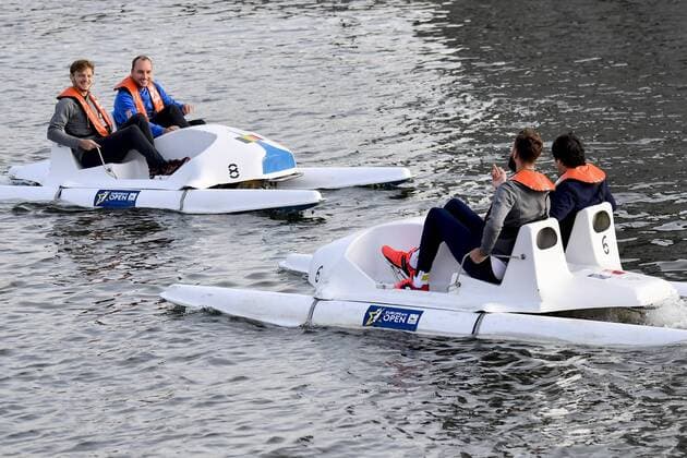 Belgian David Goffin, Belgian Steve Darcis, French Benoit Paire and Sebastien Grosjean pictured during European pedalo cup, for the launch of the European Open Antwerp tennis tournement, a pedalo match between the two finalists of the Davis Cup, Belgium and France on the water, Monday 16 October 2017, in Antwerp. DIRKxWAEM  x05184142x