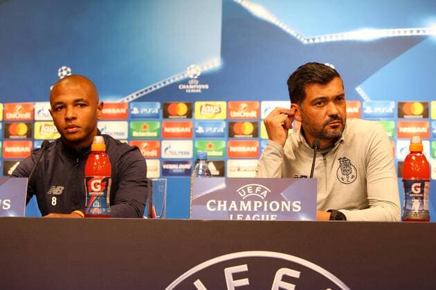 RB Leipzig press conference Champions League Leipzig 16 10 2017 Red Bull Arena Football UEFA Champions League Group G 3 Matchday Press conference at Day the Game RB Leipzig vs FC Porto in Picture v l Yacine Brahimi 8 Porto and team manager Sergio Conceicao Conceicao Porto